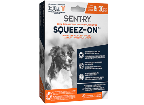 Squeez-On. Flea, Tick & Mosquito Control for Dogs up to 15-30 kg.